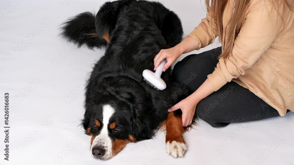 A happy young white woman is sitting on the floor on a white background next to a large dog. She is brushing her large Bernese Mountain Dog. Takes care of pets. grooming salon. Animal hair care. A happy young white woman is sitting on the floor on a white background next to a large dog. She is brushing her large Bernese Mountain Dog. Takes care of pets. grooming salon. Animal hair care.