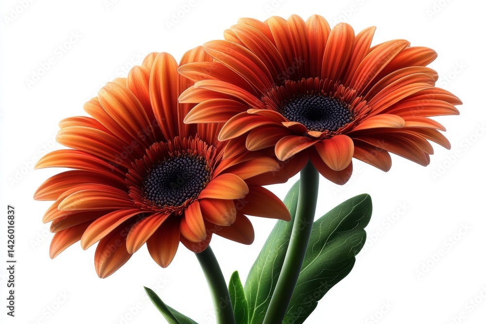 Fototapeta premium Three gerbera daisies with orange petals and green stems on a white background, ultra-realistic photography