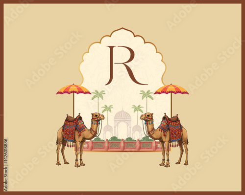 Wedding logo design with camels, umbrellas, and palace arch