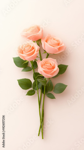 beautiful bouquet of four soft pink roses with lush green leaves, elegantly arranged against light background, evokes feelings of love and tenderness