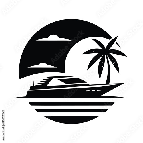 yacht speedboat ocean waves palm tree sunset