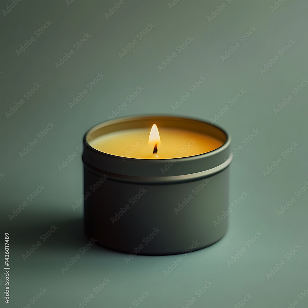 A serene candle in a tin container glowing softly against a muted background, creating ambiance A serene candle in a tin container glowing softly against a muted background, creating ambiance