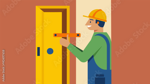 The carpenter using a level to ensure the door is straight before attaching the door .. Vector illustration