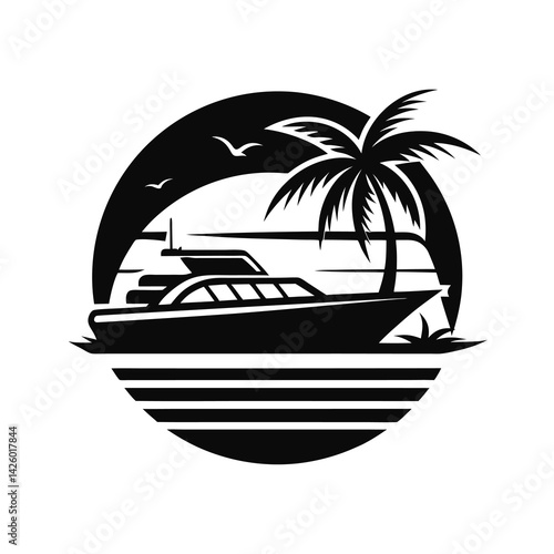 yacht speedboat ocean waves palm tree sunset