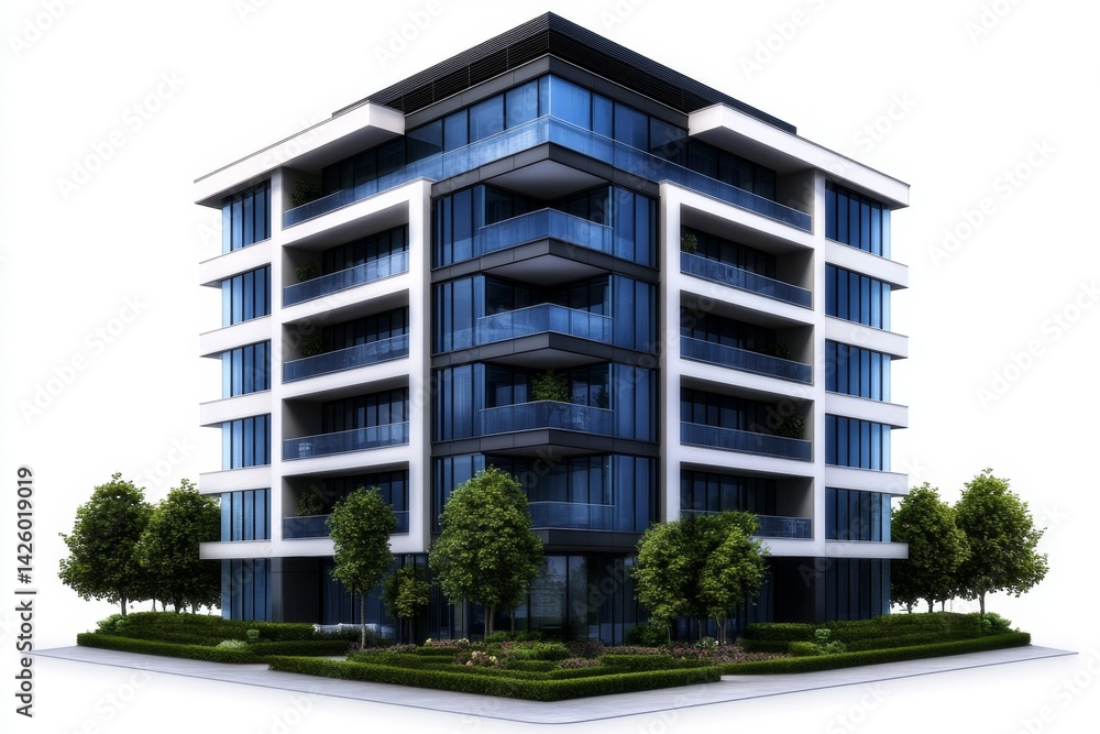 Fototapeta premium a 2D cartoon illustration of a modern high-rise apartment building, sleek and urban, white background