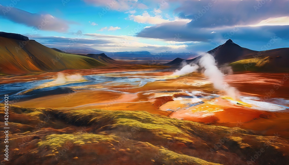 Steaming Geothermal Wonders of Iceland A Mesmerizing Landscape Bathed in Soft Light, Showcasing Vibrant Hues and Textures, Capturing the Majesty of Natures Volcanic Artistry at Dawn.