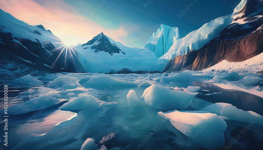 Glacier Conservation Stark Majesty of a Melting Glacier Against the Backdrop of an Arctic Twilight, Caught in the Moment Amidst a Dramatic Landscape of Icy Blue and Frosty White.