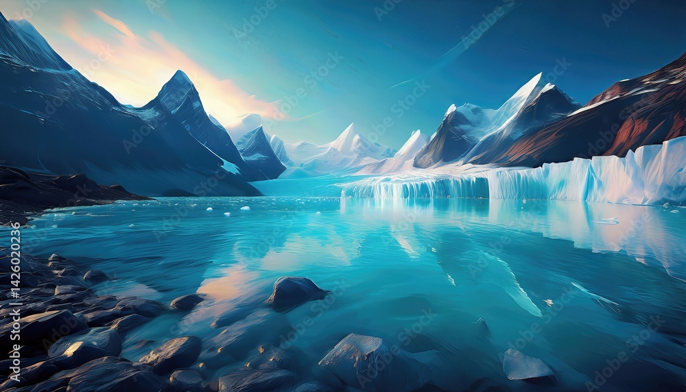 Glacier Conservation Majestic Ice Formations Melting Against a Sunlit Backdrop in the Arctic Tundra, Highlighting the Urgency of Protecting Our Planets Frozen Wonders.