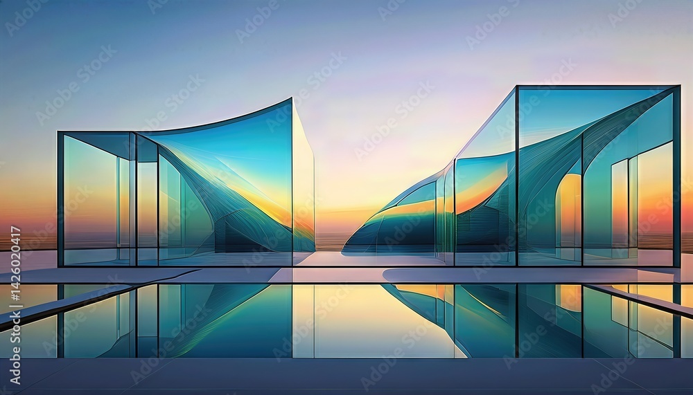 Minimalistic Architectural Forms at Twilight Tranquil Geometric Silhouettes Bathed in Soft Light, Capturing a Serene Urban Moment
