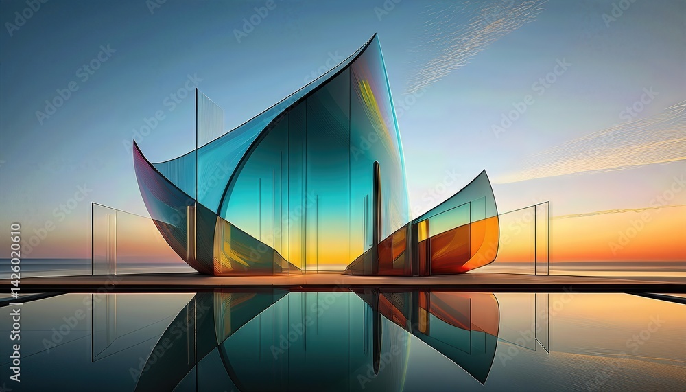 Minimalistic Architectural Forms A Study in Geometric Simplicity Against the Backdrop of Tranquil Twilight, Showcasing the Subtle Grace of Glass Structures Under a Cool Blue Hour.