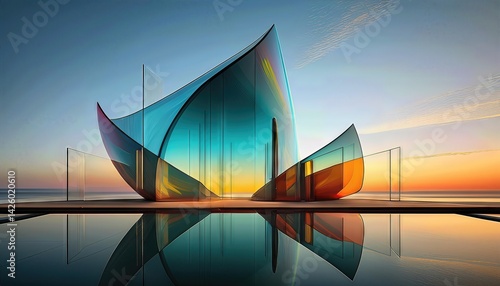 Obraz na płótnie Minimalistic Architectural Forms A Study in Geometric Simplicity Against the Backdrop of Tranquil Twilight, Showcasing the Subtle Grace of Glass Structures Under a Cool Blue Hour. w salonie