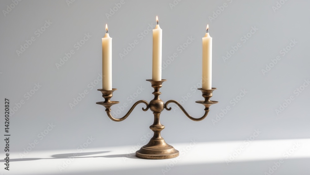 Antique brass candelabra featuring three unlit candles on a white background Antique brass candelabra featuring three unlit candles on a white background