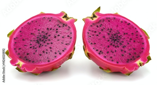 dragon fruit halves arranged neatly isolated on clean white background, Generative AI