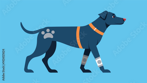 A gentle giant of a dog able to go on long walks again thanks to its bionic prosthetic limbs.. Vector illustration