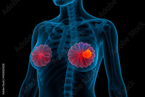 3D medical illustration showing breast cancer in human female body with highlighted tumor inside breast tissue, used for oncology awareness, diagnostics, and health education