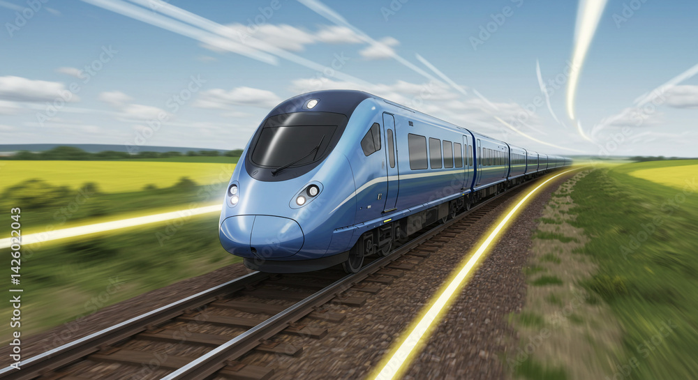 Fototapeta premium High speed train speeding through sunny fields a journey of modern rail travel with bright light