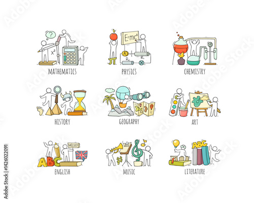 School subjects icons with symbols of math, physics, astronomy and chemistry. Vector cartoon set of art, music, technology, sport and literature lessons and students. People with education equipment