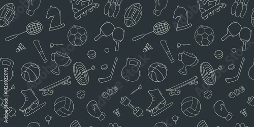Doodle sports icons with ball, cup, dumbbell, tennis racket. Hand drawn seamless pattern with sport games and training equipment, vector illustration