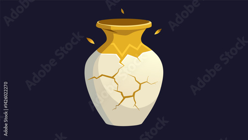 An empty cracked vase being mended with gold depicting the idea of finding beauty in imperfection and rebuilding oneself through the Stoic mindset.. Vector illustration