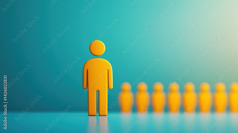 vibrant yellow figure stands out against soft blue background, symbolizing individuality and leadership among line of smaller figures. This evokes sense of inspiration and uniqueness vibrant yellow figure stands out against soft blue background, symbolizing individuality and leadership among line of smaller figures. This evokes sense of inspiration and uniqueness