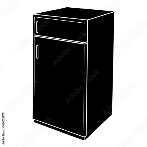 Black And White Refrigerator Minimalist Illustration Kitchen Appliance Isolated On White