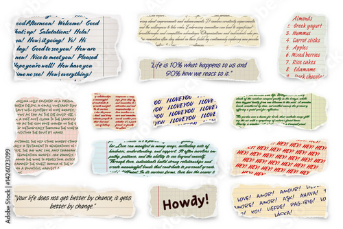 Ripped paper strips with handwritten text. Realistic crumpled paper scraps with torn edges. Shreds of notebook, book or old newspaper pages. Trendy collage elements. Vector illustration