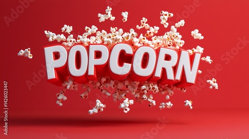 3D Render of Popcorn Word Art White letters on red background, surrounded by popcorn pieces, creating a vibrant and playful movie snack theme.