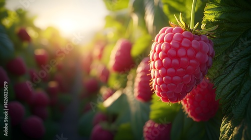 Close up of luscious raspberries basking in warm sunlight on the bush, creating a vivid and alluring sight