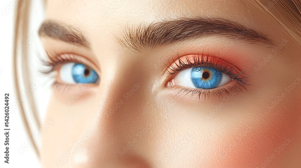 Fototapeta premium Close-up captures captivating blue eyes with vibrant eyeshadow on a fair-skinned person