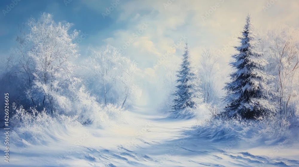 Fototapeta premium Snowy winter landscape with trees and snowdrifts