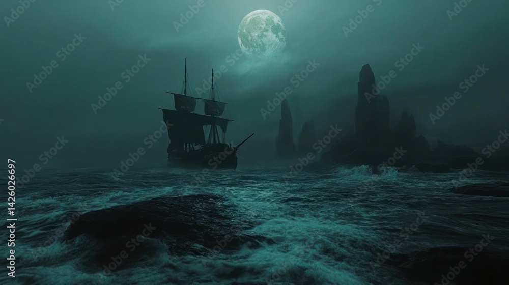 Fototapeta premium Dark Ship at Night on a Misty Sea