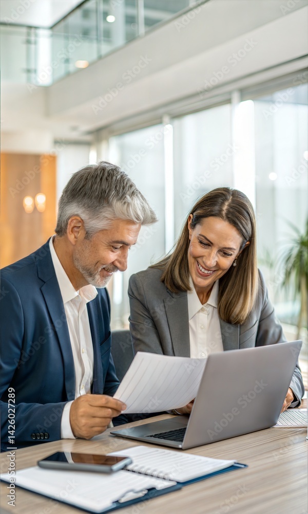 Two experienced business professionals, a man and a woman, reviewing financial reports and discussing strategies while working together on a laptop in an office meeting. (People) Two experienced business professionals, a man and a woman, reviewing financial reports and discussing strategies while working together on a laptop in an office meeting. (People)