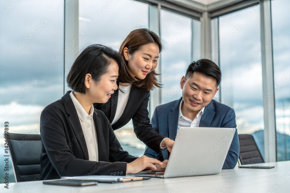 Two business professionals working together in an office, with a female executive manager explaining an online software solution to a male colleague using a laptop. (People) Two business professionals working together in an office, with a female executive manager explaining an online software solution to a male colleague using a laptop. (People)