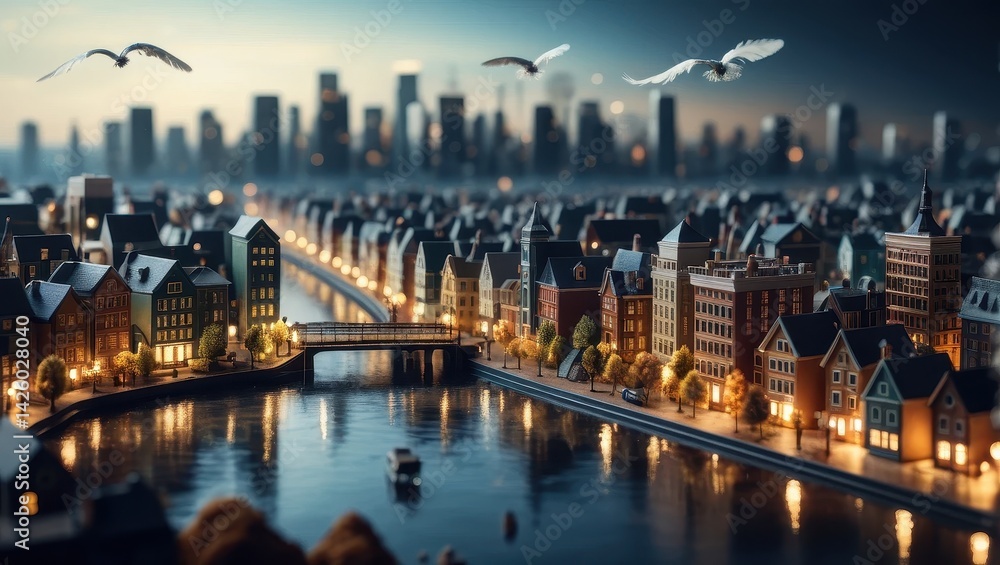 Fototapeta premium Miniature city by canal at dawn