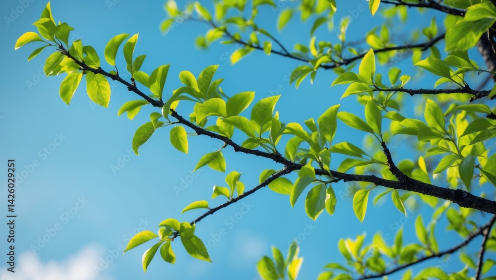 Fototapeta premium Bright green leaves emerging on tree branches beneath a clear sky signal the start of spring.