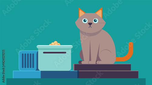 A cat sitting on the edge of a selfcleaning litter box patiently waiting for the litter to be refreshed and the machine to finish its cycle before. Vector illustration