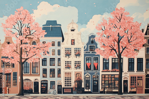 Quaint Amsterdam street scene lithograph with cherry blossoms and pastel details in spring