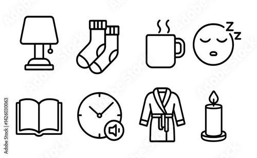 Cozy nighttime routine icons set: linear style with bedtime and relaxation symbols