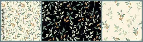 Seamless floral pattern, liberty ditsy print with small decorative branches in abstract composition. Botanical design of hand drawn tiny branches, leaves, simple flowers tassels. Vector illustration.