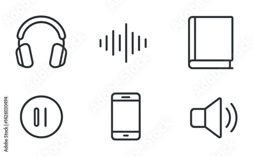 Multimedia and technology icons set: linear style for music and communication
