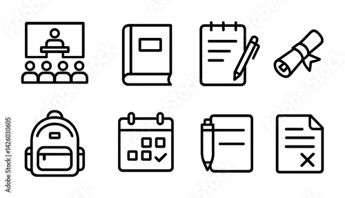 Linear education icons set: classroom, books, diploma, backpack, calendar, notebook, exam