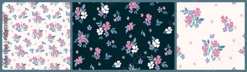 Seamless floral pattern, liberty ditsy print with simple plants in vintage motif. Romantic botanical design: small hand drawn daisy flowers, tiny bouquets, leaves. Vector illustration.