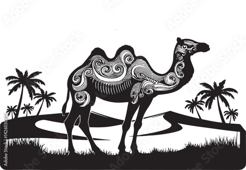 Cute cartoon camel, a wild mammal, in the desert nature illustration
