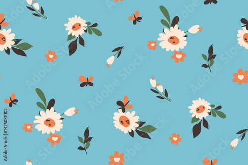 Seamless floral pattern, liberty ditsy print with simple hand drawn plants. Stylish botanical design: small hand drawn daisy flowers, leaves, bouquets abstractly on blue field. Vector illustration.