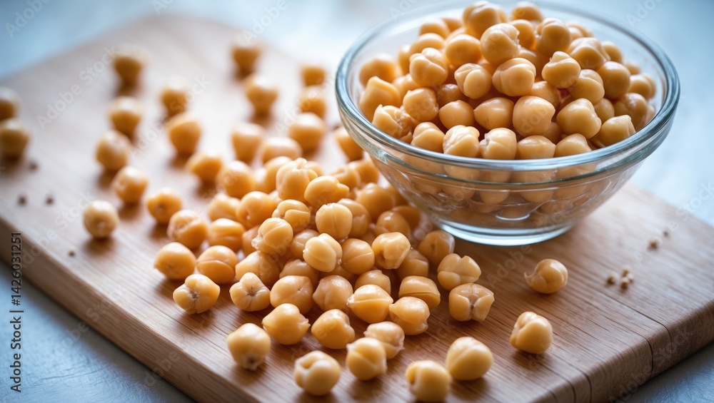 Canned chickpeas, washed and drained, served in a glass dish on a bamboo cutting board