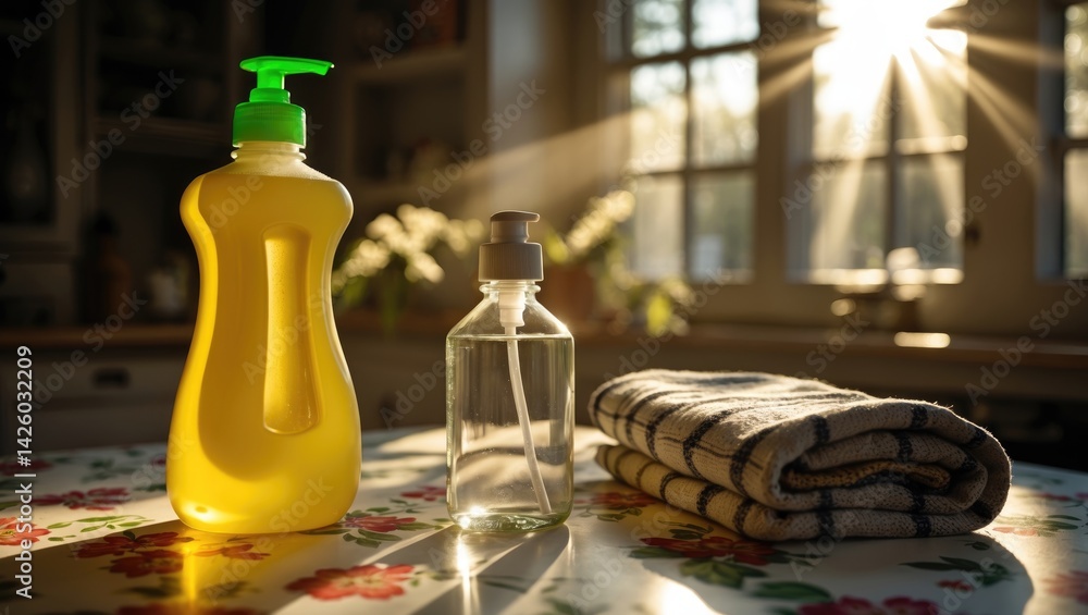 Washing up liquids and rag placed on table indoors Washing up liquids and rag placed on table indoors