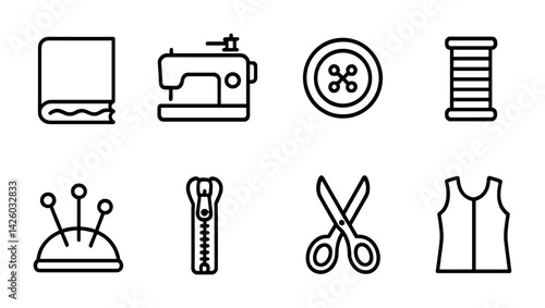 Sewing icons set: linear style featuring tools and materials for tailoring and crafting