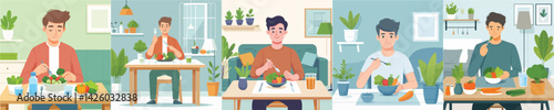 young man character vector eating vegetables