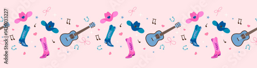Cowboy Country style music and dance concept seamless border pattern. Wild west illustration with boots, hat, guitar and horseshoe ribbon design