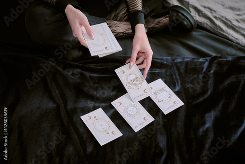 High angle shot of unrecognizable goth teenager spreading tarot card on velvet blanket on bed